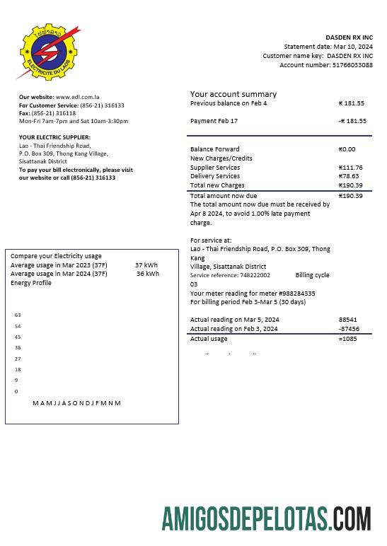 Para baixar modelo de conta de serviços públicos de eletricidade do Laos Electricite Du Laos em formatos Word e PDF
